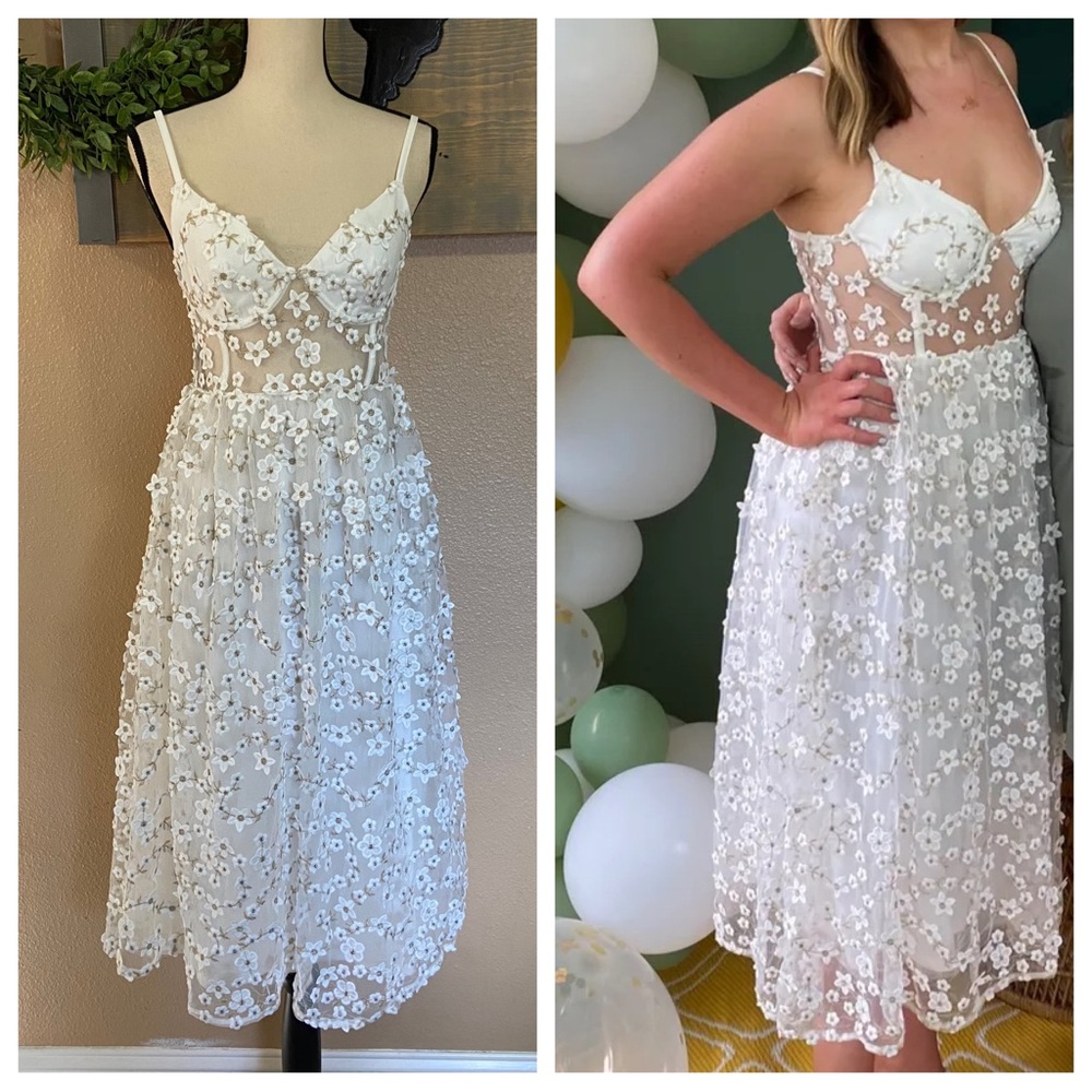 Lulus Darling Romance White Tulle Floral Applique Bustier Midi Dress